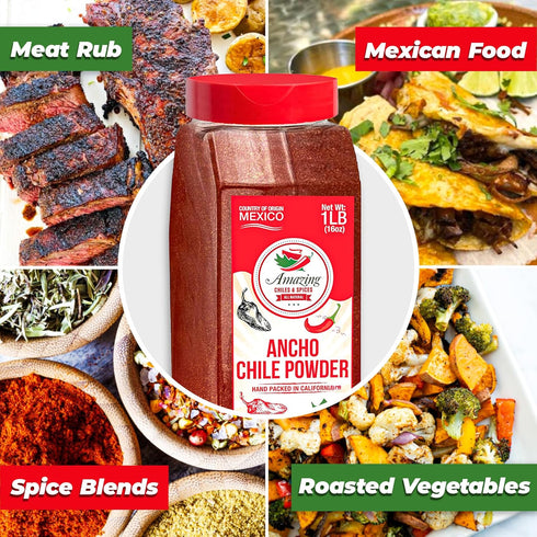 Ancho Chile Pepper Powder Ground 1 LB (16oz) – All Natural - Use For Recipes Like Mexican Mole, Sauces, Stews, Salsa, Meats, Enchiladas. Medium Heat -Sweet & Smoky Flavor. By Amazing Chiles & Spices