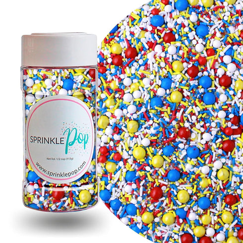 Sprinkle Pop Crash! Boom! Pow! Sprinkle Mix, Red Yellow Blue White Sprinkles for Superhero Themed Birthday