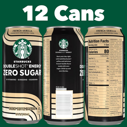 15 oz (12 Pack), Starbucks Doubleshot Zero Sugar Coffee Energy Drink, French Vanilla, fl Cans, Zero Sugar, B Vitamins
