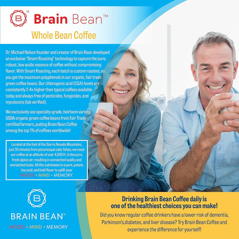 16 oz (1-Pack) Brain Bean Organic Coffee Smooth Taste & Rich Medium Roast High Antioxidant & USDA certified organic