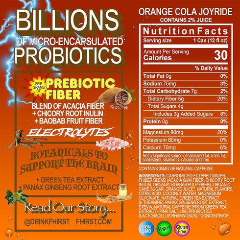 FHIRST 12 OZ 12 Pack Probiotic & Prebiotic Orange Cola Joyride, Gluten Free & Low Sugar Sparkling Drink