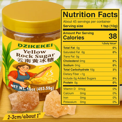 dzikekei 16oz 100% Yellow Rock Sugar Crystals - Natural Made from Cane Sugar, Medium-Sized Rock Sugar Crystals for Pho