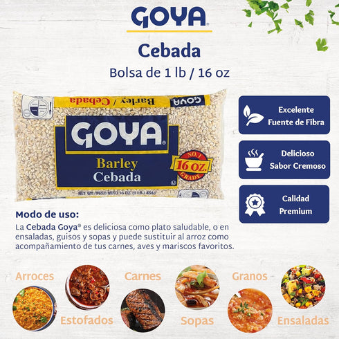 16oz. Dry Barley Grain by Goya, Pearl Barley, Pantry Staples, Cebada, Barley for Cooking, Cereal, and Soup, High
