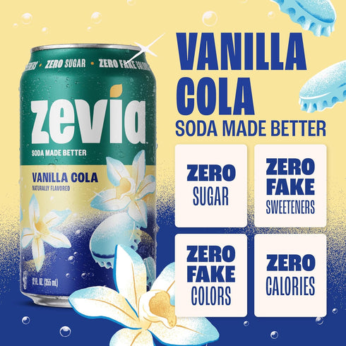 12 oz (24-Pack) Zevia Zero Sugar Soda, Vanilla Cola, Cans Naturally Sweetened, Non-GMO Project Verified, Gluten-Free