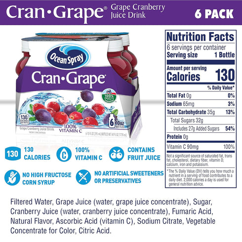 10 Oz 6 Count Ocean Spray Cran-Grape Cranberry Grape Juice Drinks, Fl Bottles