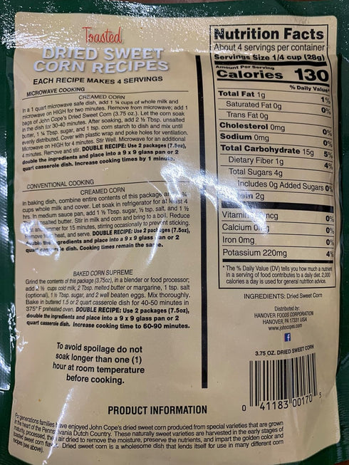 AmishTastes 3.75 Oz. (Pack 6) PA Dutch John Cope's Toasted, Dried Sweet Corn