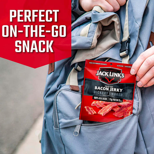 11g 100% 2.5 oz. (Pack 4) Jack Link's Bacon Jerky, Hickory Smoked - Flavorful Ready to Eat Meat Snack with of Protein