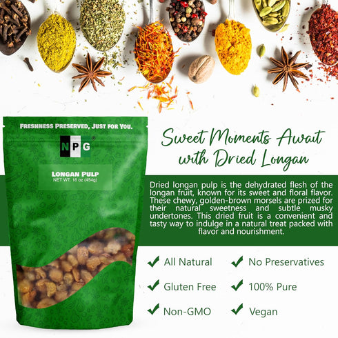 16 Oz, NPG Dried Longan Pulp Meat Fruit, Gui Yuan, Lung Gan, No Additives, Edible, Perfect for Teas, Snacks, Desserts
