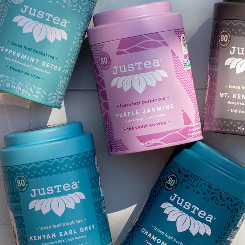 JusTea PURPLE JASMINE Loose Leaf Purple Tea, Tin with Hand Carved Tea Spoon, 40+ Cups, Low Caffeine