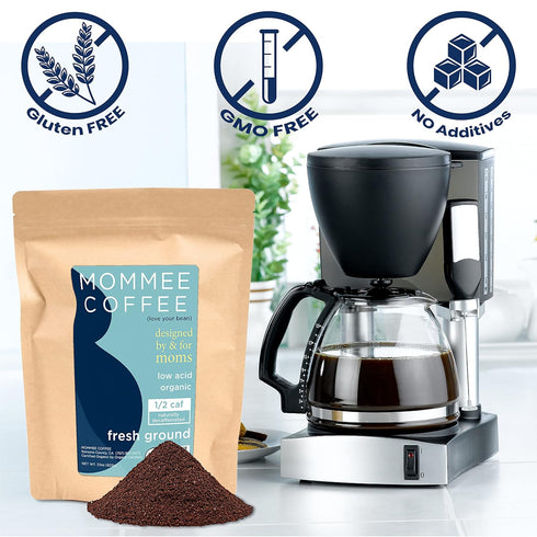 Mommee 22 oz. Coffee - Half Caf | Low Acid, Organic, Fair Trade, Water Processed | Ground