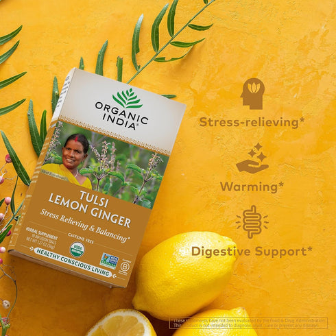 ORGANIC INDIA Tulsi Lemon Ginger Tea Bags - Herbal Tea, Stress Relieving, Immune Support, 18 Infusion Bags, 3 Pack