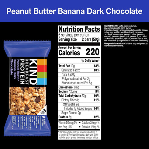 KIND Breakfast Bars, Gluten Free Healthy Snack Bar, Peanut Butter Banana Dark Chocolate, 8g Protein, 1.76 OZ (6 Count)