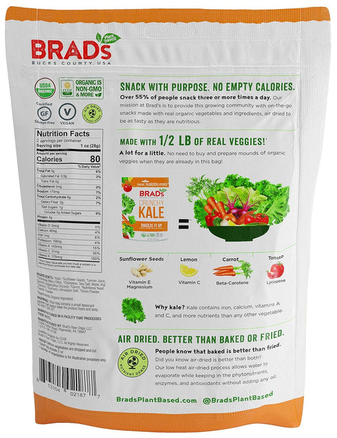 Pack, 3Bags, 6 Brad's Plant Based Organic Crunchy Kale Variety Vampire Killer/Original Probiotic/Cheez It Up, Servings