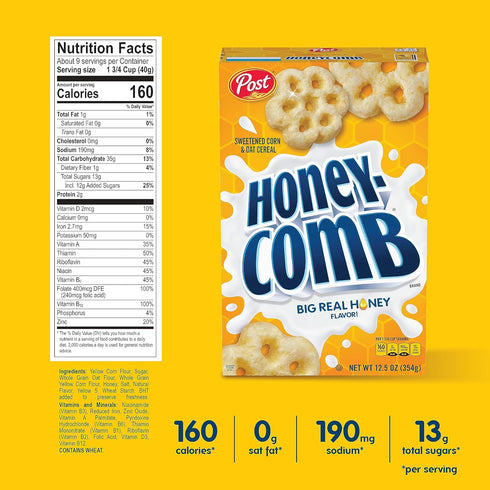 Honeycomb 19 oz (Pack 2) Honey Flavored Sweetened Corn and Oat Breakfast Cereal, Box