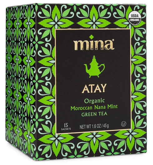 Mina Atay Moroccan Nana Mint Organic Green Tea, 15 Biodegradable Sachets - Refreshing Low Caffeine Mint Tea Bags