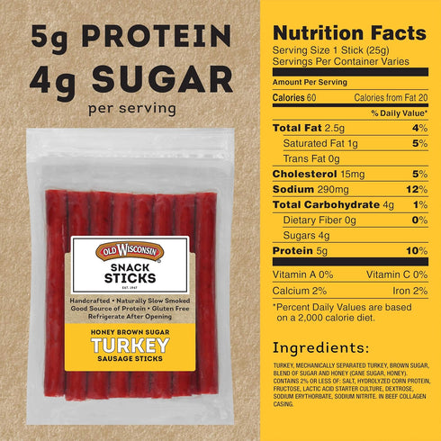 16 Package, Old Wisconsin Honey Brown Sugar Turkey Sausage Snack Sticks, Naturally Smoked, Ready to Eat, High Protein