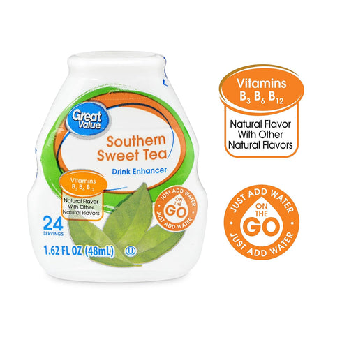 Great Value 6 1.62 oz Liquid Flavor Enhancer Tea Selection - Southern Sweet tea, Peach, Raspberry-Black Tea.