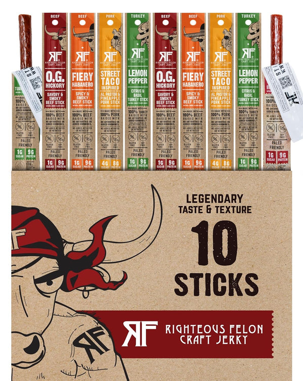 Righteous Felon Variety Meat Sticks | 100% Grass Fed Beef, Turkey &