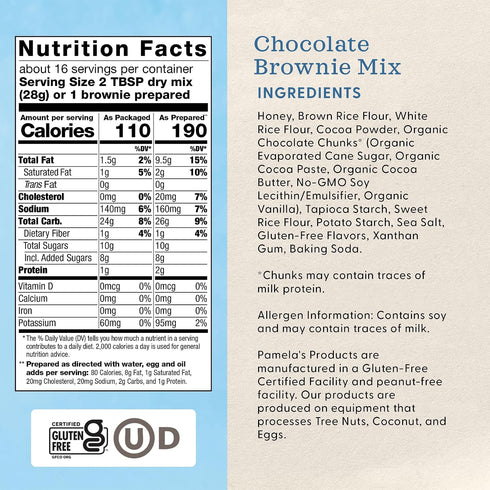 16-Ounce (Pack 6) Pamela's Gluten Free Chocolate Brownie Mix, Sweetened With Honey, Non Dairy & Wheat Free, Bag