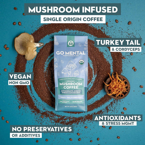 Immune 1 12oz Organic Turkey Tail & Cordyceps Mushroom Coffee Dark Roast, Full Fruiting Body, Antioxidants, System