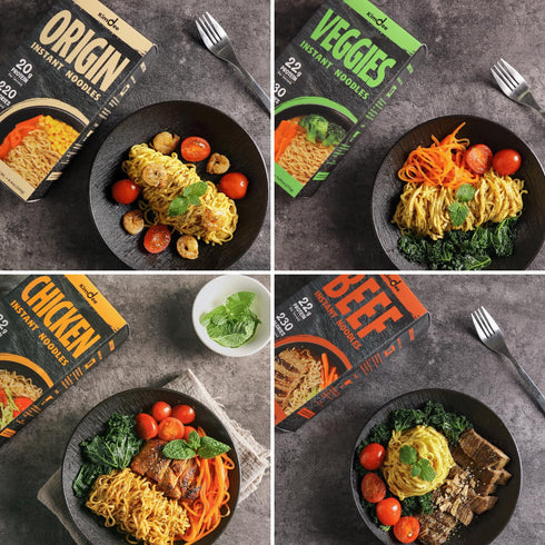 4 packs (Pack 1 Kimdee High Protein Instant Raman Noodles, Plant-Based Protein, Vegan, Non-Fried, Non-GMO, per box