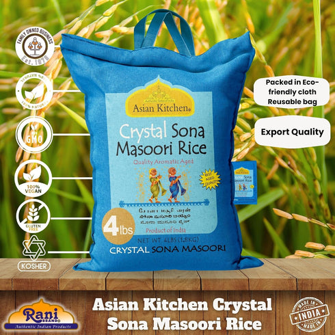 4-Pound 4lbs (1.81kg) Asian Kitchen Crystal Sona Masoori Aged Rice Bag, Short Grain Rice ~ All Natural | Gluten