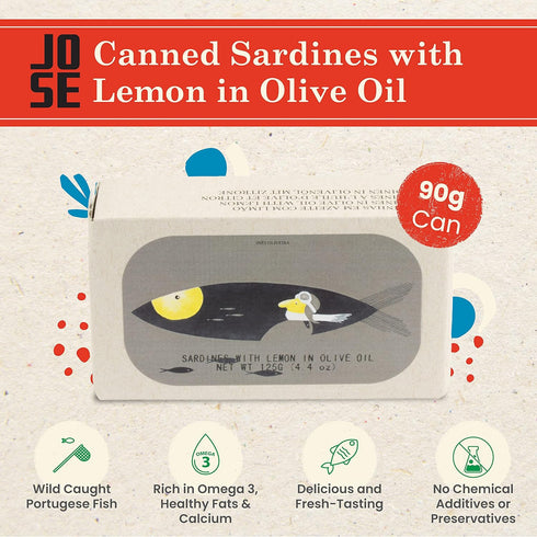 3, 125g Pack 3 Canned Sardines with Lemon and Olive Oil by Jose Gourmet, Wild Caught Portuguese Sardines, Canned Fish