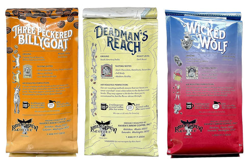 Pack 3 12 oz Raven's Brew Ground Coffee Variety - Delicious Flavors - Wicked Wolf, Three Peckered Billy Goat