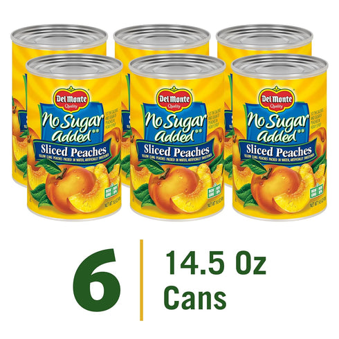 6-Pack, 14.5 oz DEL MONTE No Sugar Added Yellow Cling Sliced Peaches, Canned Fruit, Can