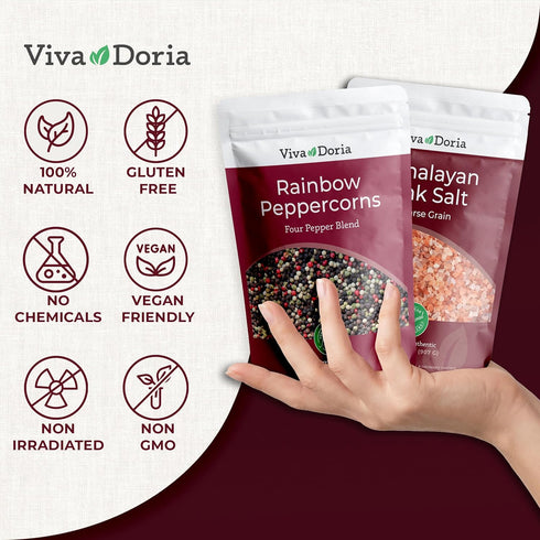 12 oz 2 lb 2-Set Pack Viva Doria Rainbow Peppercorns Blend & Himalayan Pink Salt, Coarse Grain, Steam Sterilized Mixed