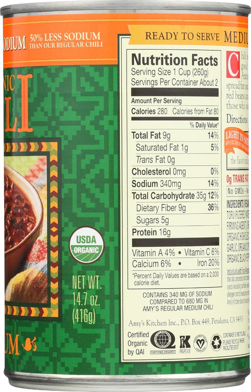 14.7 Oz Amy's Organic Chili, Vegan Medium Chili, Light in Sodium, Gluten Free, Made With Red Beans and Tofu