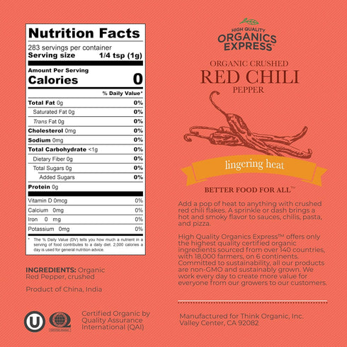 HQOExpress Organic Red Chili Pepper Crushed – USDA Certified Organic Chili Flakes, 10 oz Chef Jar