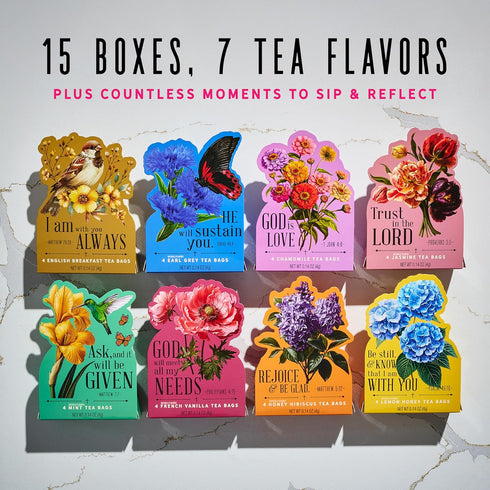 Set, 15 1 8 15 4 Thoughtfully, Tea Affirmations Religious Gift Gifts in with Bible Verses, Flavors in Floral Boxes