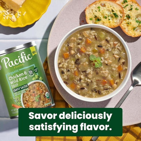 16.3 oz (Pack 12) Pacific Foods Organic Lightly Salted Chicken and Wild Rice Soup, Can