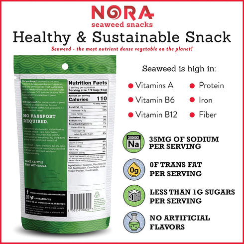 Original Crispy Seaweed Snacks by Nora - Low-Carb Healthy Snacks, Thick Nori Sheets, Vegan, Gluten-Free, 12-Pack