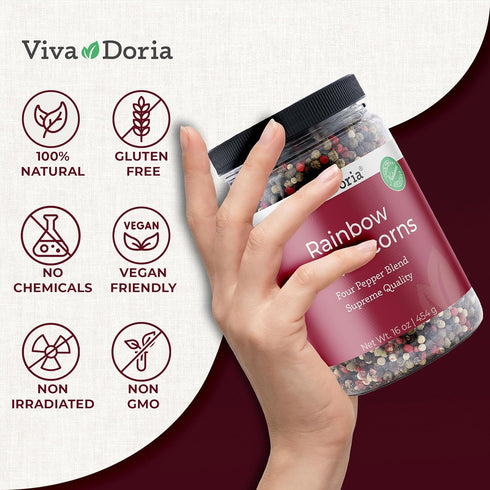 16 Oz, Viva Doria Rainbow Blend Peppercorn, Steam Sterilized Whole Black/Green Pepper, Whole Pink/White Pepper