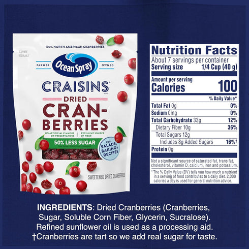 50% 10 Oz Ocean Spray Craisins, Less Sugar Dried Cranberries, Dried Fruit, Pouch