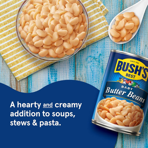 16 oz (Pack 12) BUSH'S BEST Canned Baby Butter Beans, Source of Plant Based Protein and Fiber, Low Fat, Gluten Free