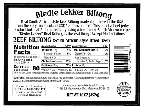 16oz Bledie Lekker Sliced Beef Biltong One Pound Resealable Bag