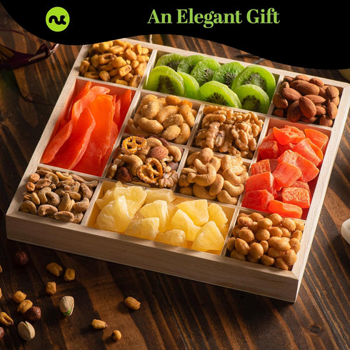 (12 Package, NUT CRAVINGS - Easter Dried Fruit & Mixed Nuts Gift Basket in Reusable Wooden Tray + Ribbon Assortments)