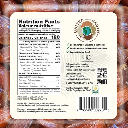 1lb (4-pack) United With Earth Organic Deglet Pitted Noor Dates - | Non-GMO, Gluten-Free, Vegan, Paleo, Certified