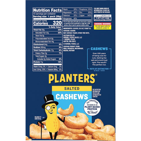 2 oz Packages, 15 Count PLANTERS Salted Cashews, Roasted Cashews, Snacks for Adults