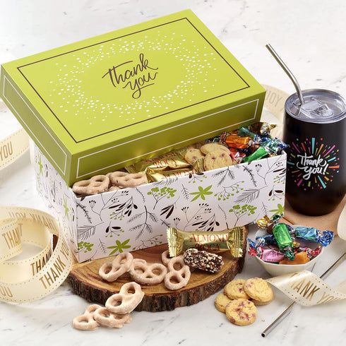 16oz. Broadway Basketeers Thank You Chocolate and Sweets Gift Box with a large Insulated Thank You Gift Mug Express