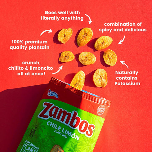 5.3 oz (Pack 12) Zambos Chile Limn Plantain Chips, Crunchy Snack, Gluten Free Bold Chili Lime Flavor