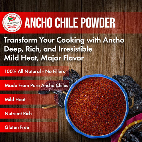 Ancho Chile Pepper Powder Ground (4oz), Natural and Premium, Great for Recipes Like Mexican Mole, Mild to Medium Heat
