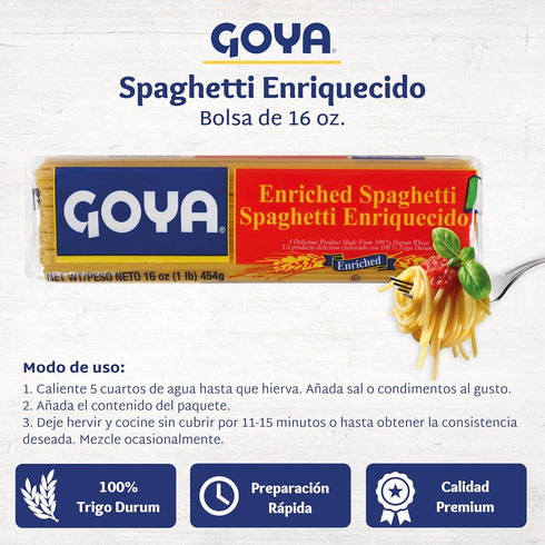 Pack 2 (16 oz Goya Spaghetti Pasta, of Bags) Enriched Durum Wheat Noodles for Classic Italian Dishes, Latin-Inspired