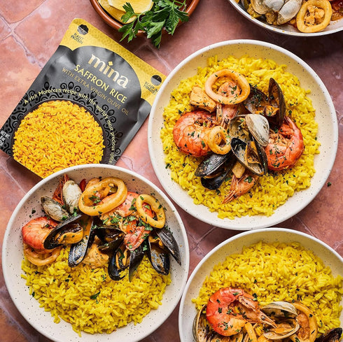 8 oz (Pack 6) Mina Saffron Rice, Yellow Rice, With Extra Virgin Olive Oil, Ready to Eat Rice Pilaf, Side Dishes