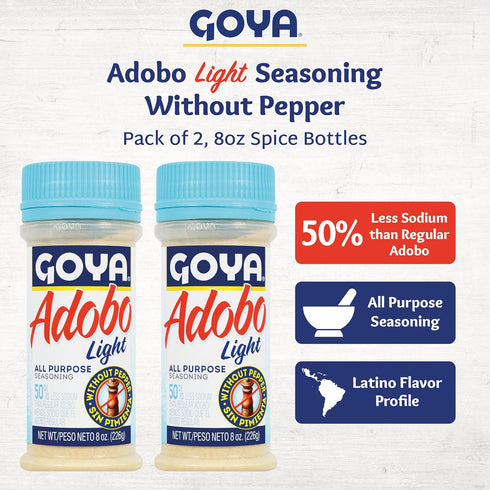 8oz. Pack 2 Adobo All Purpose Seasoning Light without Pepper by Goya, Poultry, Seafood, Meat, and Vegetable Seasoning