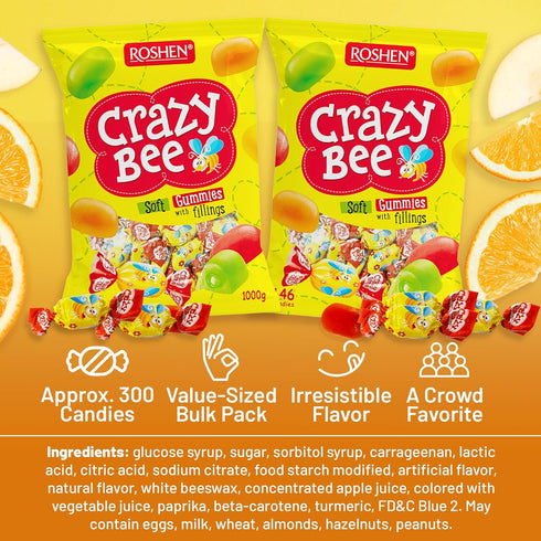 2.2 lbs (1 (Pack 2) Roshen Crazy Bee Jelly Candy, Assorted Fruit Flavors with Soft Fruit Filling, Bulk kg) Individually
