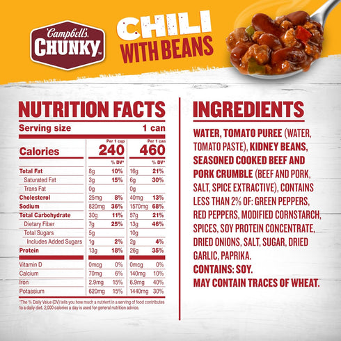 16.5 oz Campbells Chunky Chili With Beans, Can